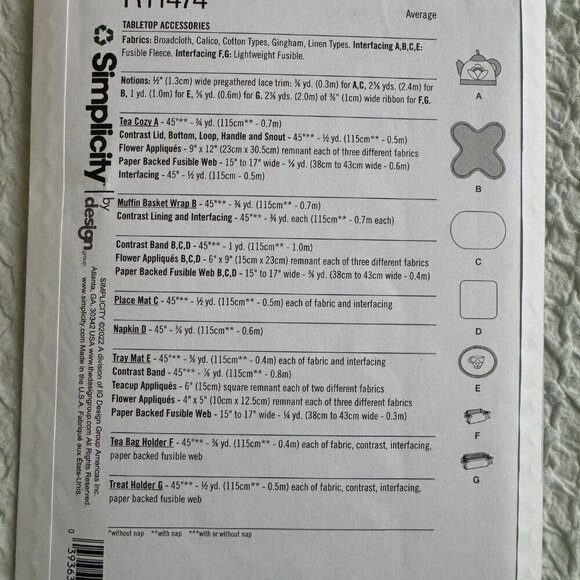 Sewing Patterns Simplicity R11474 Tabletop Accessories Napkin Placemate Tray Mat - Picture 4 of 7